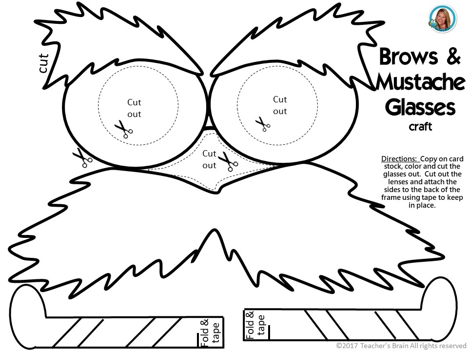 Dr. Seuss Week Lorax Craft Grandparent Brows and Mustache Glasses