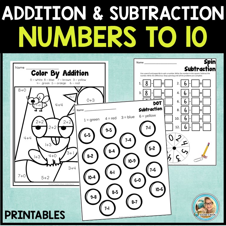 Kindergarten Addition and Subtraction Math Worksheets to 10 - Teacher's