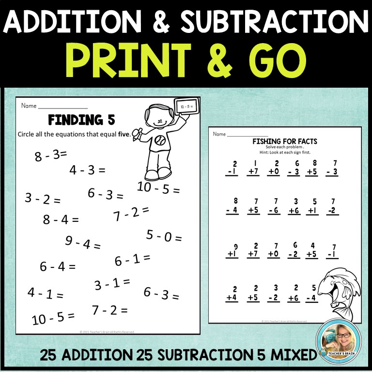 Kindergarten Addition and Subtraction Math Worksheets to 10 - Teacher's