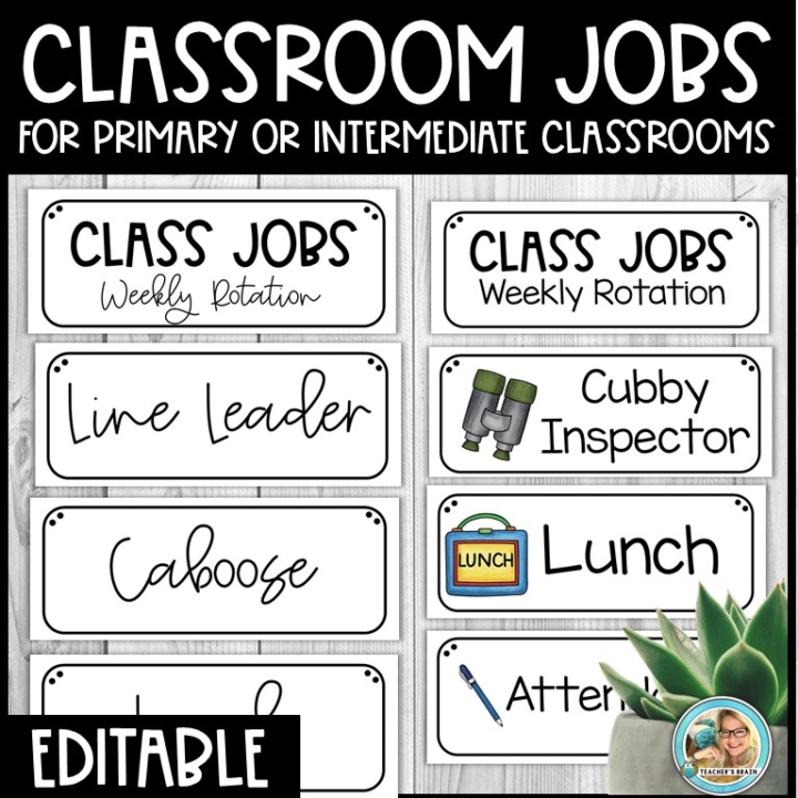 Classroom Jobs EDITABLE Chart Cards Teacher's Brain